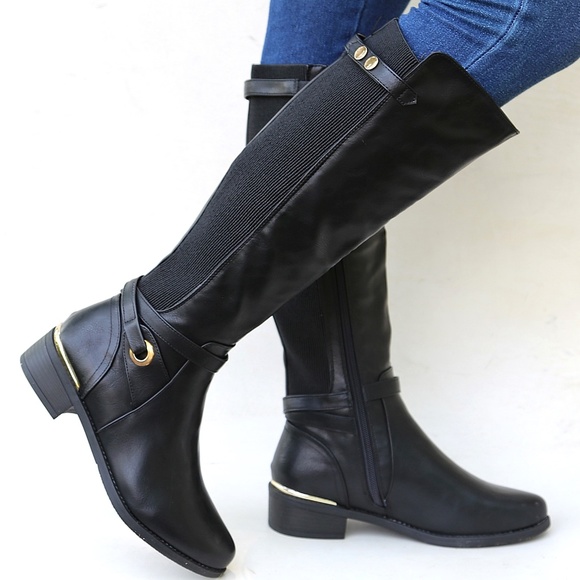 Shoes - New Black Elastic Panel Knee High Riding Boots
